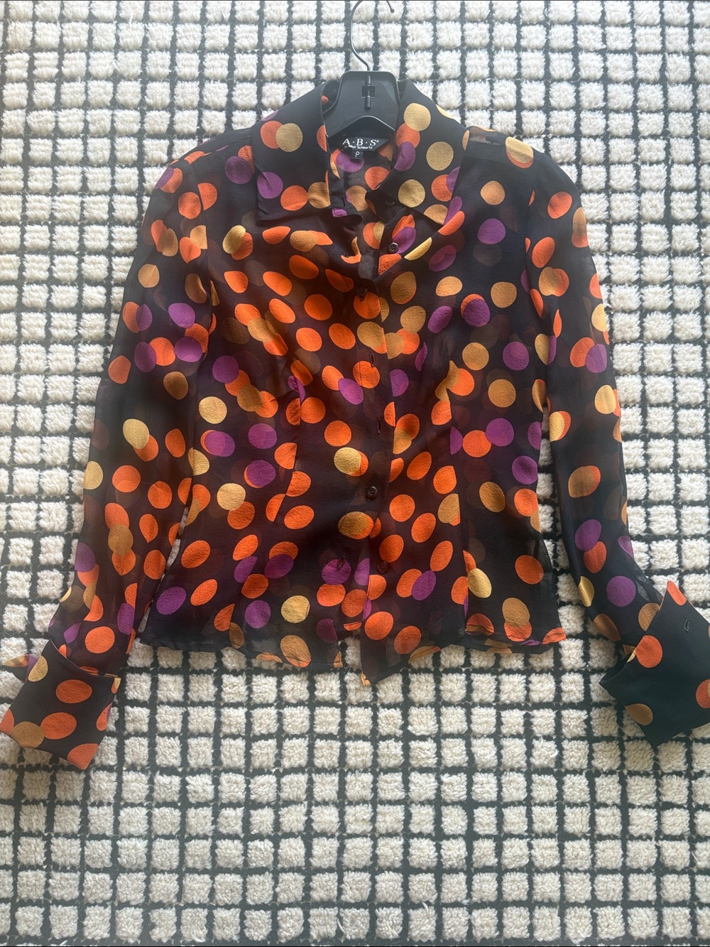 Women’s Black Polka Dot Button-Up Blouse in Orange, Purple, and Gold